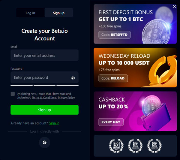 Bets io Casino Registration