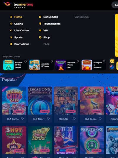 Boomerang Casino Mobile Site Menu