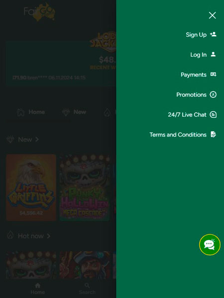 FairGo Casino Mobile Menu