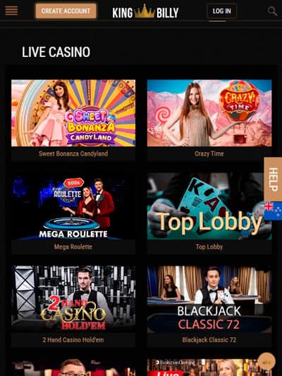 King Billy Casino Mobile Live Games