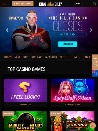 King Billy Casino Mobile Website