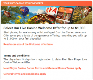 LeoVegas Live casino welcome offer