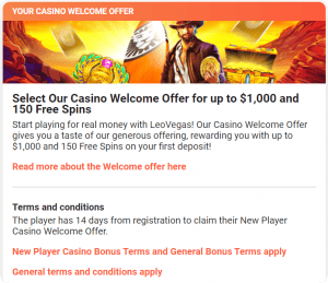 Welcome bonus Leovegas