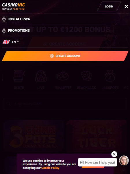 Casinonic Casino Mobile Menu